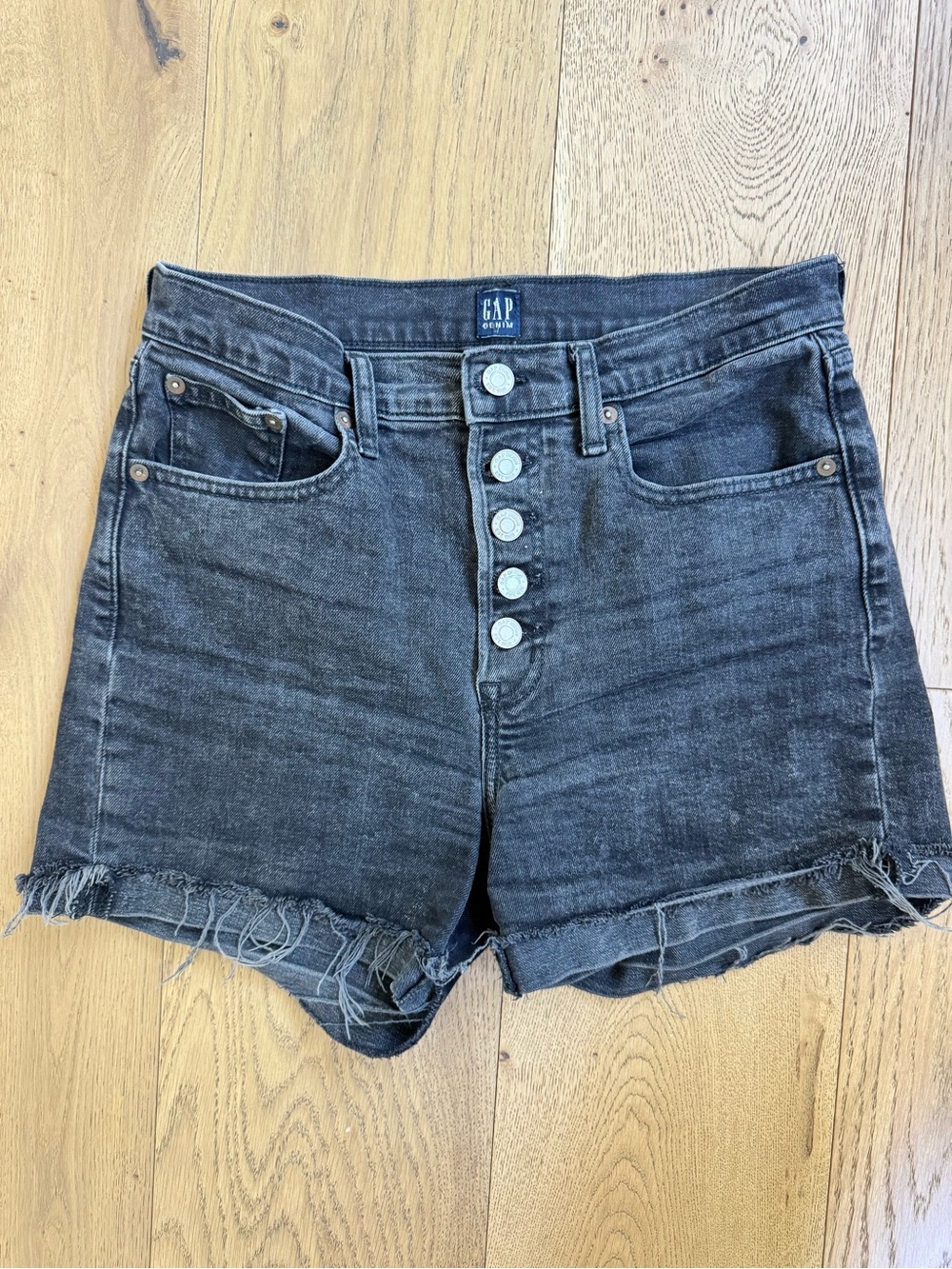 GAP Washed Black High-Rise Button-Fly Denim Shorts